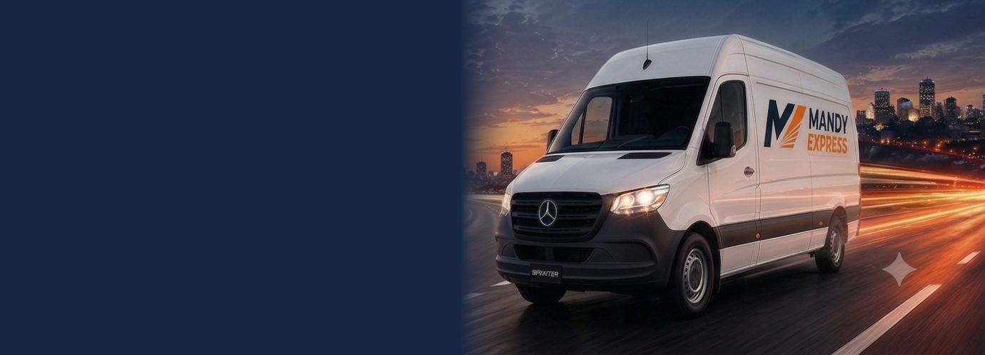 Fourgon cargo Sprinter de Mandy Express sur le corridor de l'autoroute 401 au crépuscule